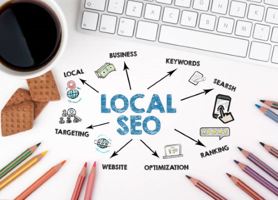 Local SEO services; illustration with words related to the topic.