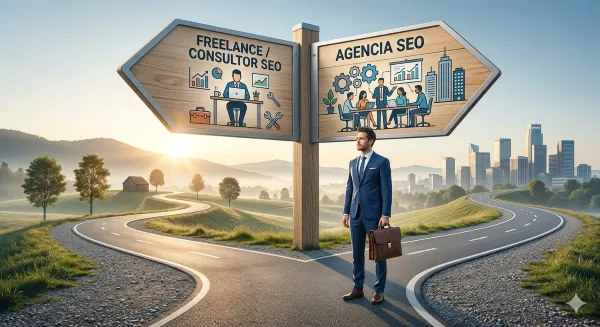 Profesional de negocios frente a dos caminos que representan la elección entre contratar a un consultor SEO freelance o una agencia de posicionamiento web.
