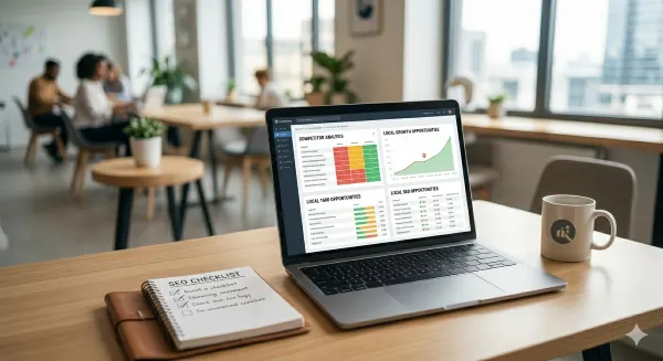 Primer plano de una laptop abierta en un espacio de co-working iluminado, mostrando una pantalla con análisis de contenido y oportunidades de crecimiento SEO local. Junto a ella hay un cuaderno con una lista de verificación y café.
