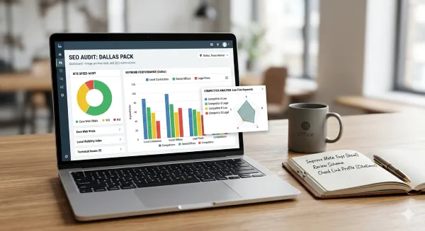 Primer plano de una laptop abierta en un escritorio ordenado. La pantalla muestra una auditoría SEO compleja con gráficos de velocidad del sitio y métricas de competidores para palabras clave basadas en Dallas. Junto a ella hay un cuaderno abierto y café.