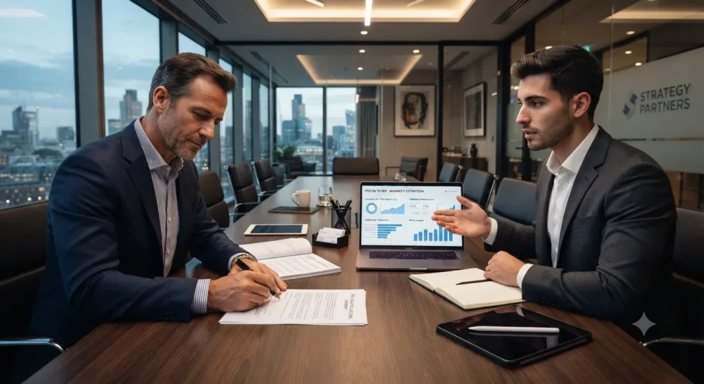 Empresario revisando un contrato de servicios SEO junto a un consultor.