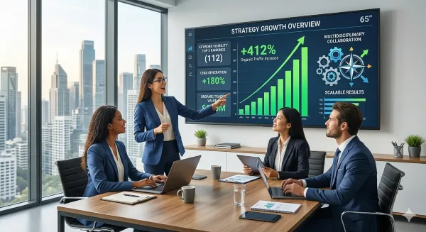 Equipo de especialistas trabajando en una estrategia de crecimiento SEO para maximizar resultados orgánicos y escalabilidad de marca.