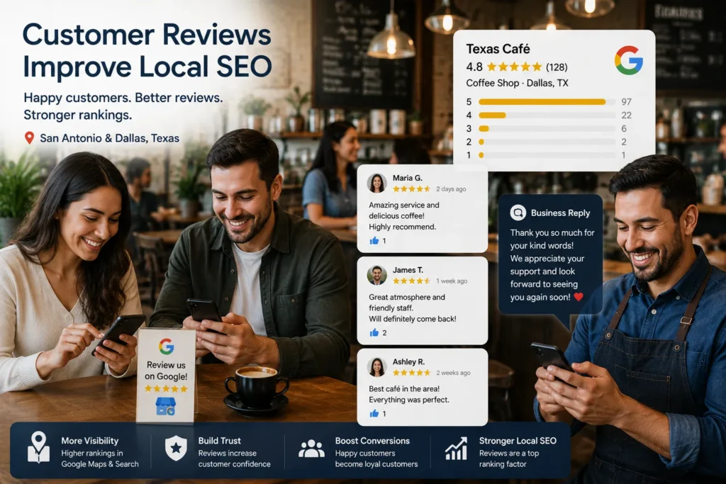 Satisfied customers leaving positive Google reviews for a local business while business owners manage online reputation and customer feedback.