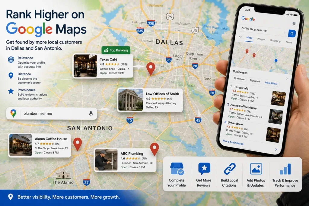 Google Maps displaying local business listings, customer reviews, directions, and map pins highlighting visibility in Texas search results.