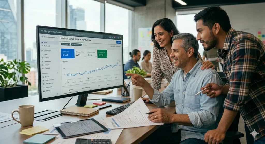 Equipo de profesionales analizando datos en Google Search Console para identificar errores y recuperar el tráfico orgánico perdido tras un rediseño web.