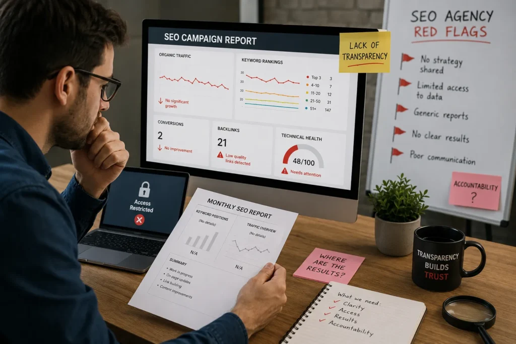 Marketing professional analyzing SEO reports and analytics while identifying lack of transparency, missing data, and communication issues.