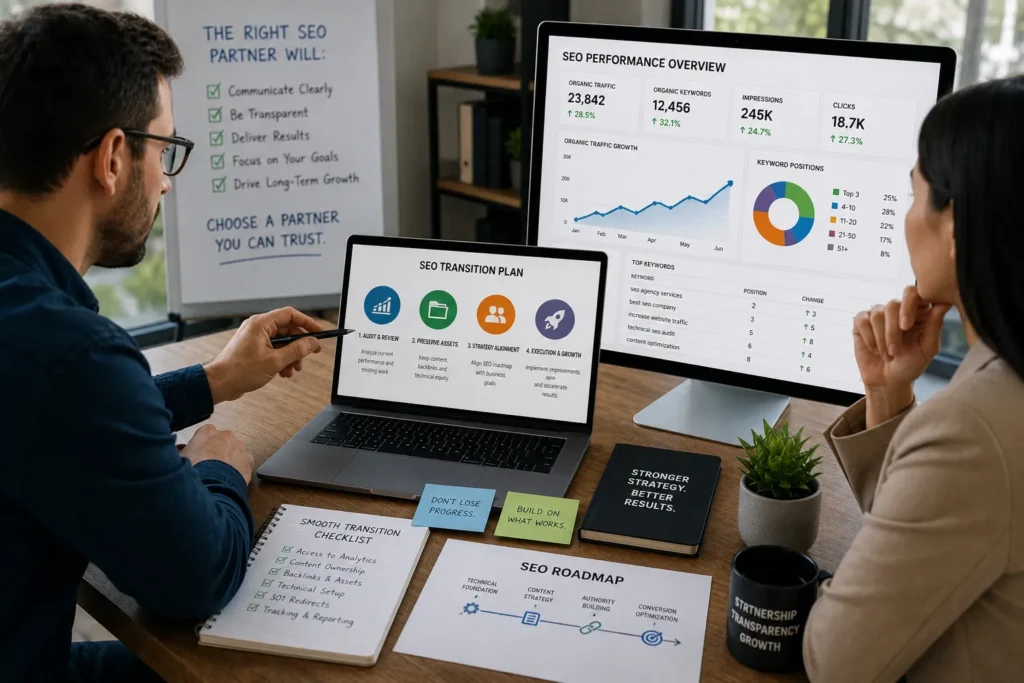 Business team planning SEO strategy transition while reviewing website analytics, keyword rankings, and organic traffic performance.